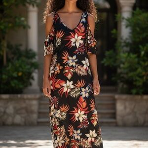Tropical Floral Cold Shoulder Maxi Dress